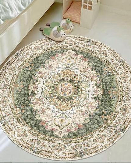 Green Round Rug 4ft,Circle Washable Area Rugs for Bedroom Bathroom Entryway,Boho Vintage Bohemian Distressed Oriental Carpet Non Slip,Sage Floral