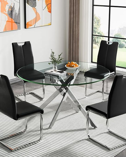 HomVent 5 Piece Round Glass Dining Table Set, Round Glass Kitchen Table Set for 4 with 4 PU Upholstered Dining Chairs for Kitchen Dining Room