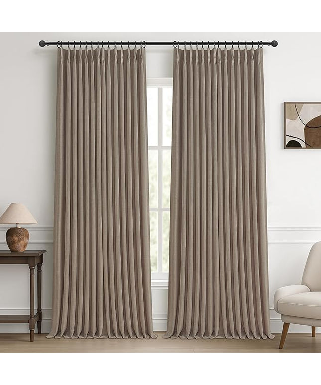 Pleat Dark Tan Ceiling Drapes 108 Inches Long 2 Panels Set for Living Room, Lush Decor Memory Shape Pinch Pleated Black Out Linen Blend Large Window Curtains Privacy with Hooks Rings for Office 9 FT