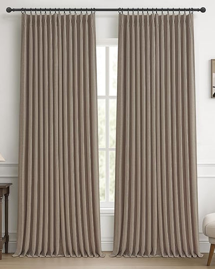 Extra Wide Thick Linen Blackout Sliding Glass Doors Curtains 92 Inches Long 2 Panels Set, Memory Trained Pinch Pleated Two Layer Heat Blocking Noise Reducing Bohemian 90-92 Inch Length Windows Curtain