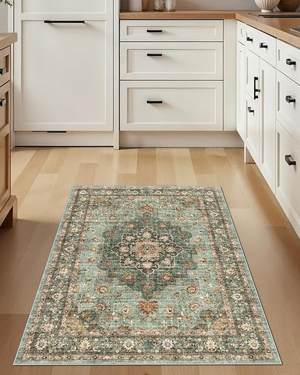 Green Entryway 3x4 Rug - Washable Area Rugs for Kitchen Bathroom Non-Slip Ultra-Thin Indoor Door Mat Indoor Entrance - Stain Resistant Small Throw Carpet (Green, 3X4)