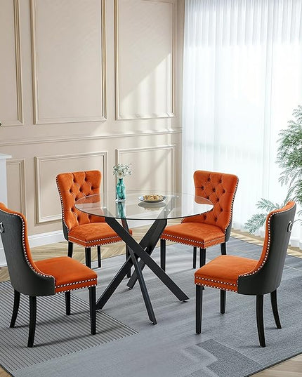 5 Piece Round Glass Dining Table Set for 4, Modern Dining Room Table and Chairs Set, Tempered Glass Top Kitchen Table with 4 Velvet Chairs, Space Saving Dining Set for Small Apartment or Home