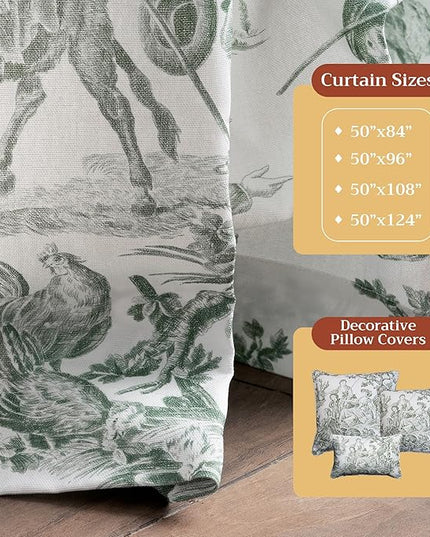 Maison d' Hermine Curtains for Living Room 100% Cotton 84 inch Length One Panel Light Filtering Toile Curtains with Rod and Loop Pockets (The Miller Antique Green (White Background), 50" W x 84" L)