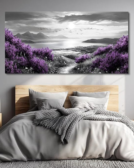 Canvas Wall Decor for Office Large Wall Art for Living Room Modern Bedroom Wall Decoration Purple Flowers Landscape Pictures Black and White Scenery Paintings Artwork Aesthetic Home Decor