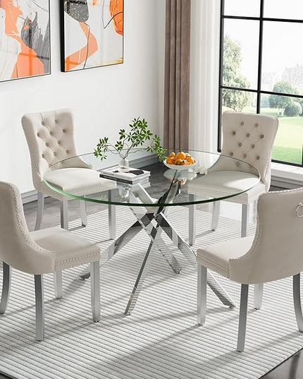 HomVent 5 Piece Round Glass Dining Table Set, Tempered Glass Dinner Table Set for 4 Kitchen Table Set with 4 Velvet Upholstered Chairs for Kitchen Dining Room
