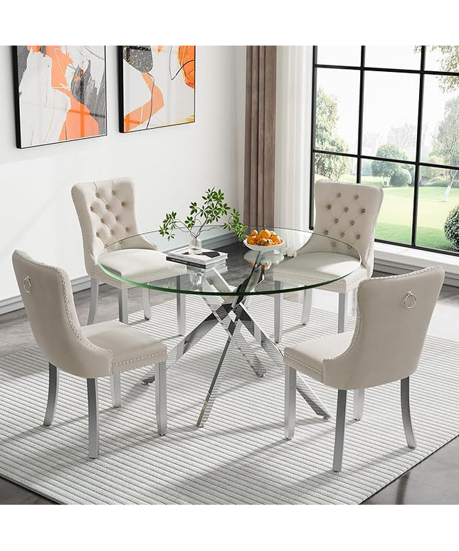 HomVent 5 Piece Round Glass Dining Table Set, Tempered Glass Dinner Table Set for 4 Kitchen Table Set with 4 Velvet Upholstered Chairs for Kitchen Dining Room