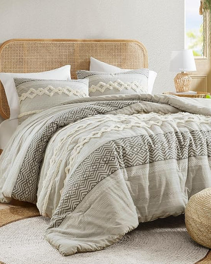 Hyde Lane Boho Gray Comforter Set King, Farmhouse Bedding Sets, Cotton Top with Modern Neutral Style Clipped Jacquard Stripes, 3-Pieces Including Matching Pillow Shams (104x90 Inches)