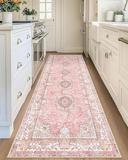 Washable Runner Rug 2'x8',Pink Rug Runners Non Slip,Long Boho Rugs for Hallways Kitchen Bathroom Bedroom Entryway,Vintage Bohemian Distressed Floor Carpet,Blush Floral Flowers