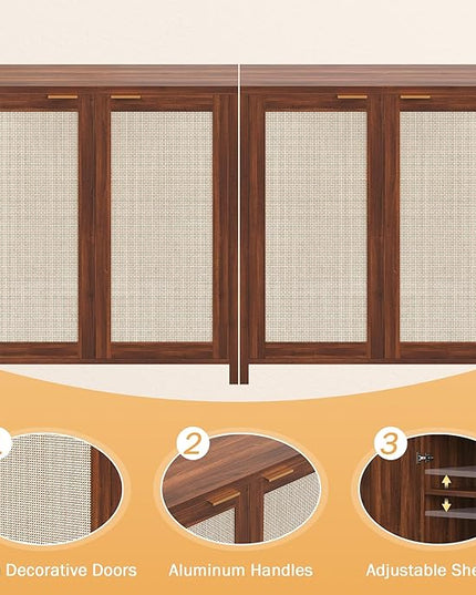 YOUDENOVA 62.3" Sideboard Buffet Cabinet, Rattan Storage Sideboard Cabinet with 4-Door and Adjustable Shelves, Farmhouse Console Table for Dining Room, Entryway, Living Room, Rustic Brown