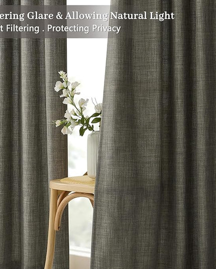 Pinch Pleated Green Linen Curtains Light Filtering 86 Inches Long Drapes for Bedroom,Memory Train Shaped Pleat Curtain for Living Room and Track System Moss Boho Farmhouse with Back Tab 2 Panels