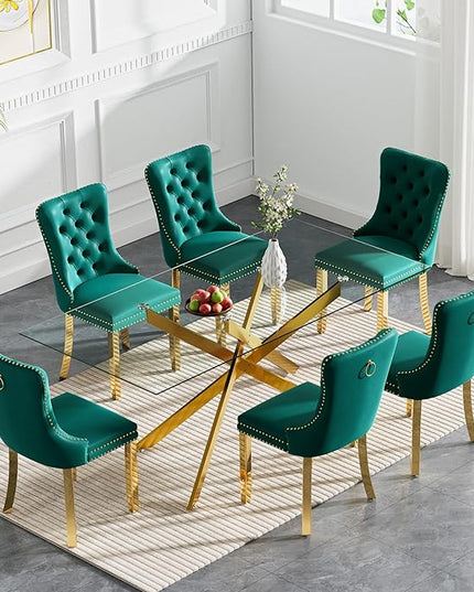 Rectangle Glass Dining Table Set for 6, 60'' Kitchen Table and Chairs Set, 7PCS Modern Dining Room Table Set with 6 Velvet Dining Chair for Home