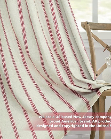 DriftAway Farmhouse Linen Blend Blackout Curtains 63 Inches Long for Bedroom Vertical Striped Printed Linen Curtains Thermal Insulated Lined Treatments for Living Room 2 Panels W52 x L63 Linen Red