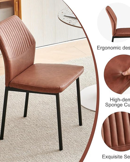Dining Chairs Set of 6, Brown PU Leather Dining Chairs, Comfortable Upholstered Armless Kitchen Chairs with Black Metal Legs for Living Room, Dining Room, Kitchen