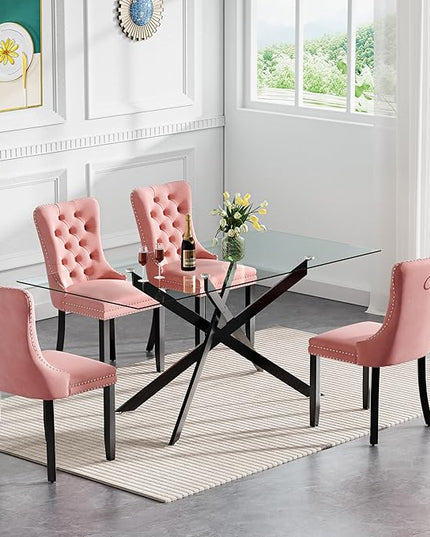 HomVent 5 Piece Rectangular Glass Dining Table Set, Tempered Glass Dinner Table Set for 4 Kitchen Table Set with 4 Velvet Upholstered Chairs for Kitchen Dining Room
