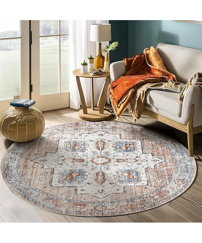 jinchan Round Rug 6ft Area Rug - Machine Washable 6'Circle Vintage Floral Non-Slip with Rubber Backing Ultra-Thin Low-Pile Carpet for Bedroom Living Room Dining Room Entryway (6'Round, Orange)