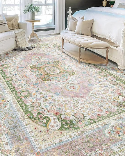 9x12 Area Rugs Washable,Pink Rug for Living Room Bedroom Dining Room,Large Boho Vintage Bohemian Distressed Carpet Non Slip,Blush Green