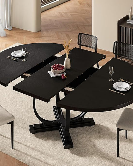 59" Round Extendable Dining Table for 4-6, Modern Oval Kitchen Table with Heavy Duty Curved Legs & Wood X-Based, MDF Board with Spring Buckle, Space Saving, Dining Kitchen Living Room, Black