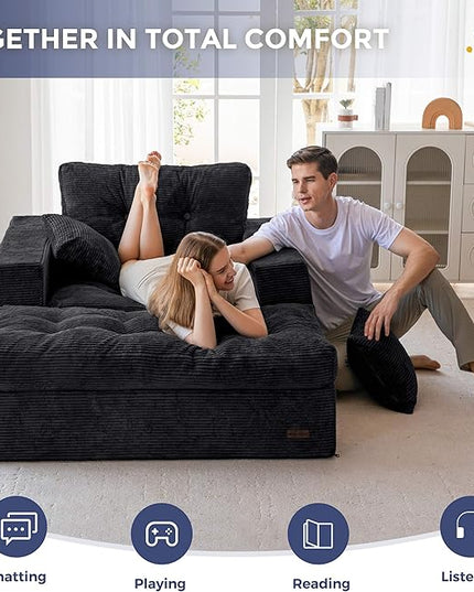MAXYOYO Modular Sectional Chaise Lounge Sofa, Upholstered Lounge Chair with Ottoman, Comfy Couch with Layered Cushion, Tufted Upholstered Sleeper Chair for Living Room, No Assembly, Black