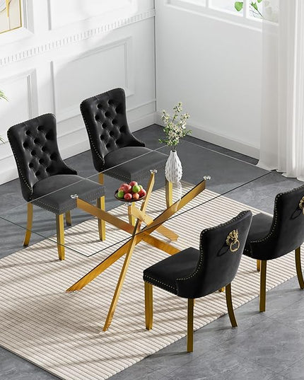 HomVent 5 Piece Rectangular Glass Dining Table Set, Tempered Glass Dinner Table Set for 4 Kitchen Table Set with 4 Velvet Upholstered Chairs for Kitchen Dining Room