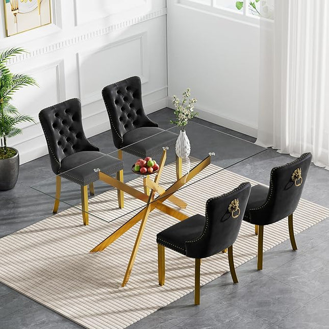 Modern 5-Piece Glass Dining Table Set for 4, Modern 60" Rectangle Gold Glass Dining Room Table Set with Black Velvet Tufted Chairs Wood Legs for Kitchen Dining Room