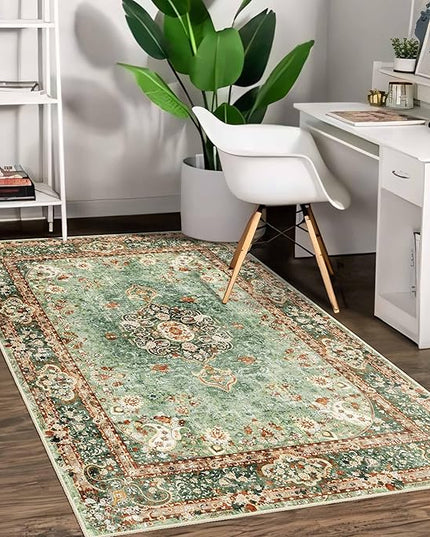 Green Rug 3x5,Washable Area Rugs for Bedroom Living Room Kitchen Entryway,Small Boho Vintage Bohemian Distressed Oriental Non Slip Carpet