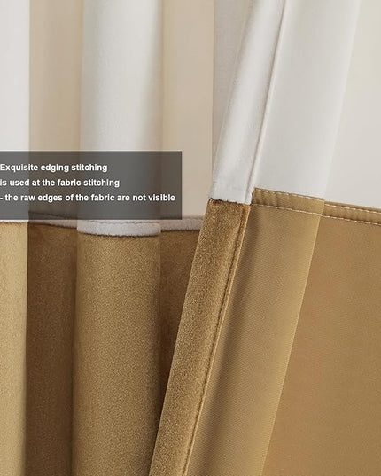BULBUL Color Block Window Curtains Panels 108 inches Long Cream Ivory Gold Velvet Farmhouse Drapes for Bedroom Living Room Darkening Treatment with Grommet Set of 2