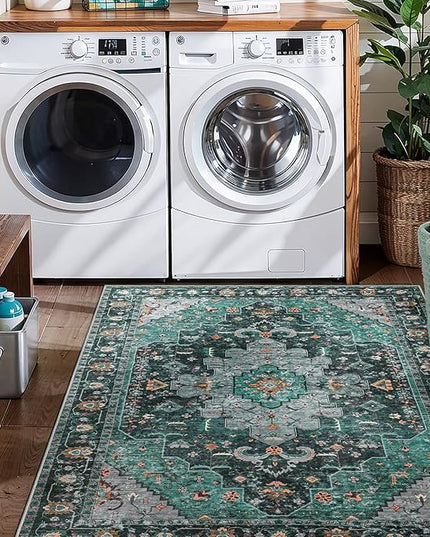 Ciicool Area Rug 5x7ft Washable Rugs for Living Room Non-Slip Indoor Rugs Large Low-Pile Mat Floor Carpet Vintage Rug for Bedroom Dinning Foyer Decor (Teal/Multi)
