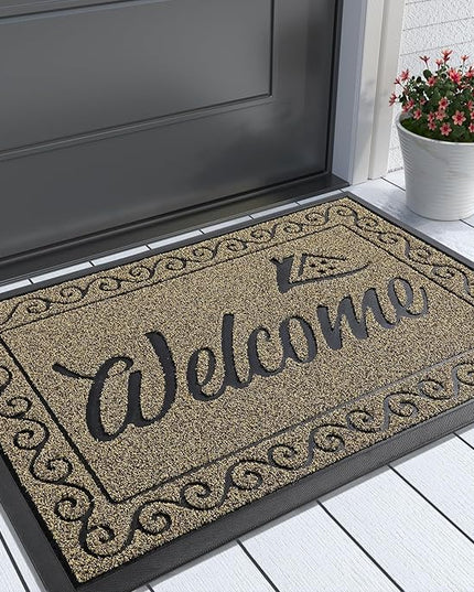 Yimobra Welcome Front Door Mat, Heavy Duty Easy Clean Doormat Indoor Outdoor, Waterproof Quick Dry Floor Mat for Home, Garage, Hign Traffic Areas, Non Slip, Low Profile, 29.5X17 Inches, Beige Brown