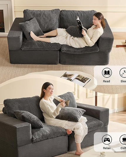 74.8” Cloud Couch, Modular Loveseat Sofa, Convertible Sofas Bed, Deep Seat Sofa, Cozy Sofa for Living Room, Office and Bedroom, Corduroy, Gray