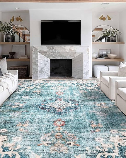 MUJOO 9’x12’ Area Rug Large Rugs for Living Room Teal Rug for Bedroom Dining Room Boho Rug Washable Rug Non Slip Big Carpet Abstract Soft Low-Pile Floral Flowers