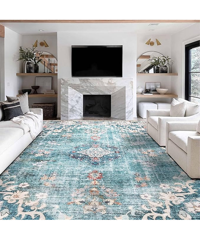 MUJOO 9’x12’ Area Rug Large Rugs for Living Room Teal Rug for Bedroom Dining Room Boho Rug Washable Rug Non Slip Big Carpet Abstract Soft Low-Pile Floral Flowers