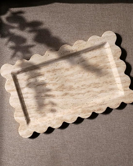 Natural 100% Marble Vanity Tray Luxury Scalloped Marble Storage Square Rectangle Tray for Home Decor Stone Tray for Bathroom/Kitchen/Candle Key (Rectangle-11.8 * 7.4-Beige Travertine)