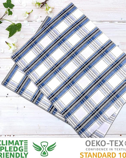 Urban Villa Christmas Placemats Snow Blue Color Checked 100% Cotton Fused Placemats 14''x 20'' Over Sized Set of 6 Use Heavier Quality Christmas Special placemats Quality