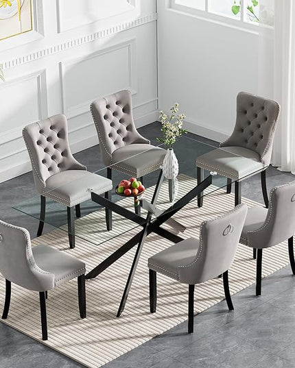 Modern 7-Piece Glass Dining Table Set for 6, Modern 60" Rectangle Black Glass Dining Room Table Set with Grey Velvet Tufted Chairs Wood Legs for Kitchen Dining Room