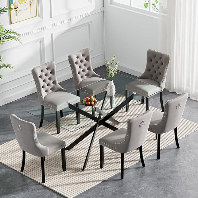 Modern 7-Piece Glass Dining Table Set for 6, Modern 60" Rectangle Black Glass Dining Room Table Set with Grey Velvet Tufted Chairs Wood Legs for Kitchen Dining Room