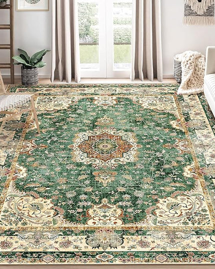 8'x10' Area Rugs Washable,Green Rug for Living Room Bedroom Dining Room,Large Boho Vintage Bohemian Distressed Oriental Carpet Non Slip,Retro Sage Floral