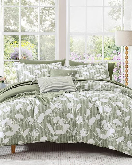 Full Comforter Set -7 Pieces Sage Green Floral Comforter Set for All Seasons, Bed in a Bag Full with Botanical Flowers Comforter, Sheets, Pillowcases & Shams
