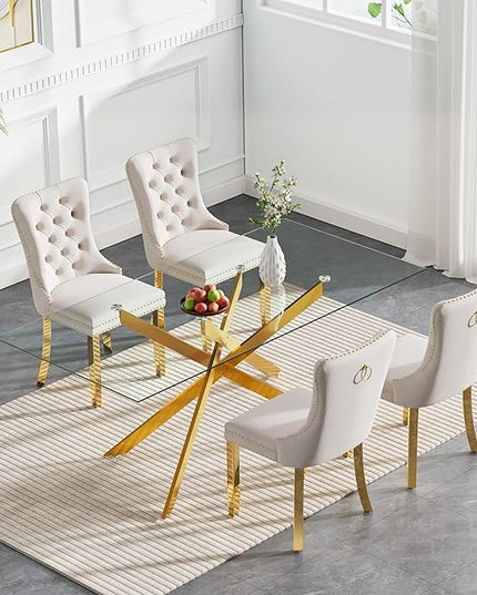 Rectangle Glass Dining Table Set for 4, 60'' Kitchen Table and Chairs Set, 5PCS Modern Dining Room Table Set with 4 Velvet Dining Chair for Home