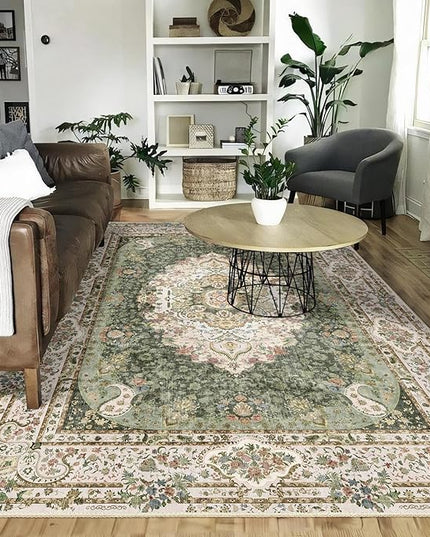 5x7 Area Rugs Washable,Green Rug for Living Room Bedroom Kitchen,Large Boho Vintage Bohemian Distressed Carpet Non Slip,Floral