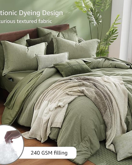 Monbix Oversized Queen Comforter Set - 7 Pieces Cationic Dyeing Sage Green Bed in a Bag Bedding Sets with Comforter, Sheets, Pillowcases & Shams, Reversible Bedding Comforters Sets