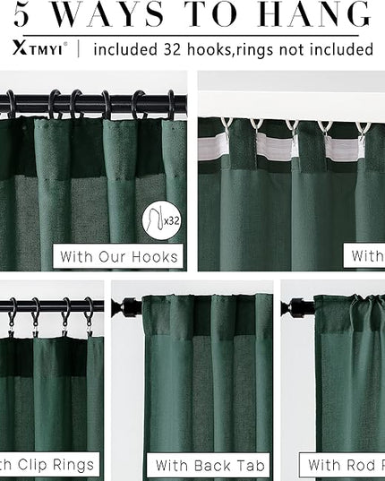 XTMYI Emerald Dark Green Curtains for Living Room 84 Inches Long 2 Panels Set Linen Rod Pocket Back Tab Hooks Pleated Hunter Green Vintage Retro Curtains for Bedroom Decor Dining Room