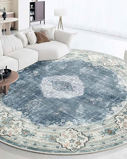 MUJOO Blue Round Rug 9ft,Large Circle Washable Area Rugs for Bedroom Living Room Bathroom,Boho Non Slip Circular Carpet,Floral