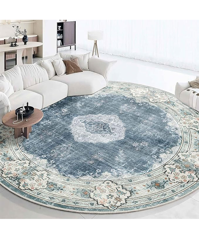 MUJOO Blue Round Rug 9ft,Large Circle Washable Area Rugs for Bedroom Living Room Bathroom,Boho Non Slip Circular Carpet,Floral
