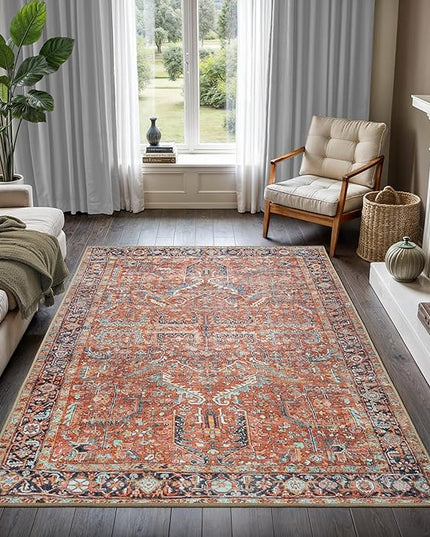 GLN Rugs Traditional Collection - Machine Washable Area Rug, Traditional Washable, Non Slip, Low Pile Chenille Rug, Living Room, Bedroom, Kitchen Rug (7'10"x10' Terra Cotta)