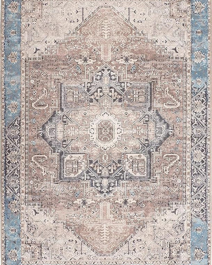 GLN Rugs Traditional Collection - Machine Washable Area Rug, Traditional Washable, Non Slip, Low Pile Chenille Rug, Living Room, Bedroom, Kitchen Rug (7'10"x10' Brown/Blue)