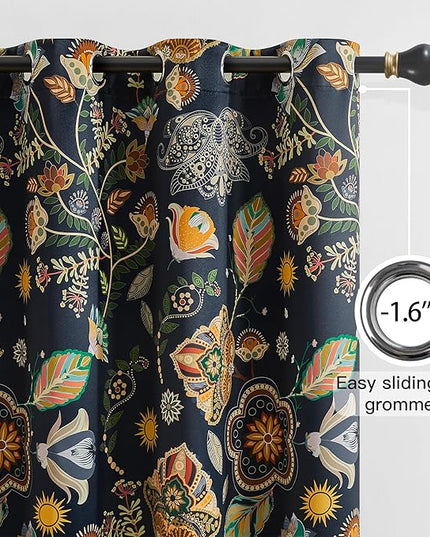 XiDi Vintage Floral Patterned Curtains Blackout for Bedroom Living Room 102 Inches Long 2 Panels Thermal Insulated Luxury Curtains with Botanical Leaf Printed Design Grommet Drapes Navy Blue 52x102