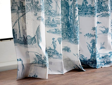 Maison d' Hermine Curtains for Living Room 100% Cotton 108 inch Length One Panel Light Filtering Toile Curtains for Bedroom with Rod and Loop Pockets (Calais Blue (White Background), 50" W x 108" L)