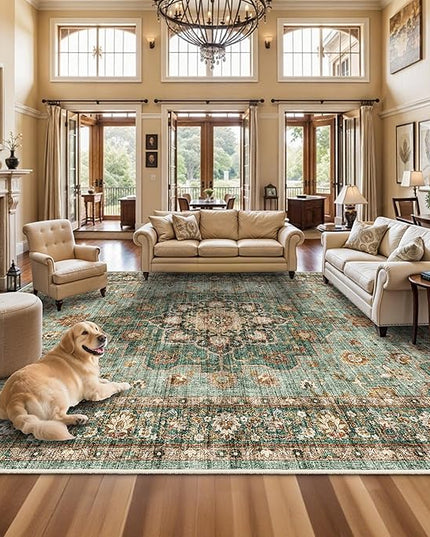 Washable Oriental Area Rug - 12x18 Rugs for Living Room Soft Carpet for Bedroom Waterproof Floral Distressed Indoor Stain Resistant Non-Shedding Floor Carpets (Green, 12x18)