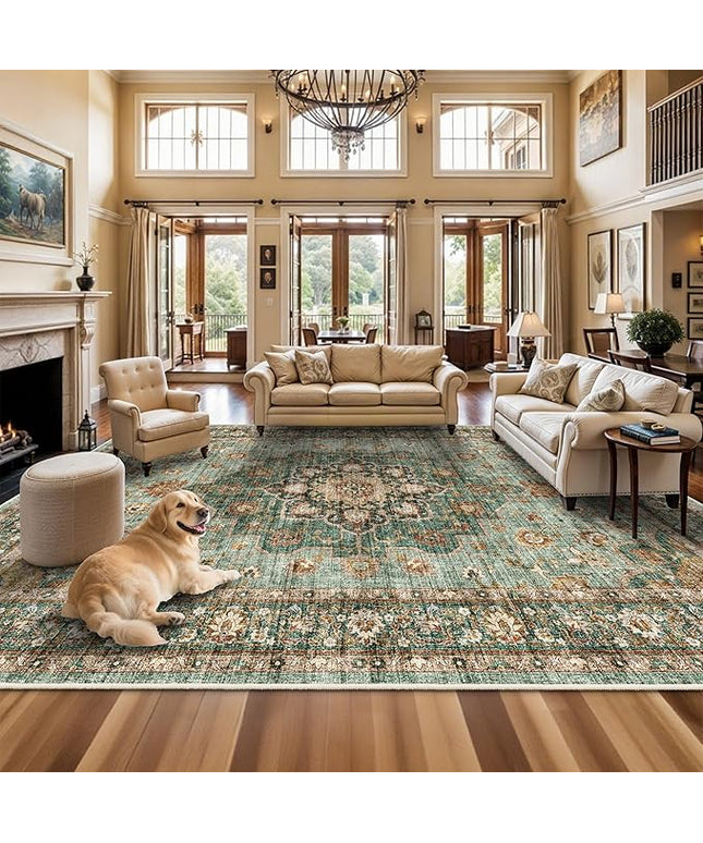 Washable Oriental Area Rug - 12x18 Rugs for Living Room Soft Carpet for Bedroom Waterproof Floral Distressed Indoor Stain Resistant Non-Shedding Floor Carpets (Green, 12x18)