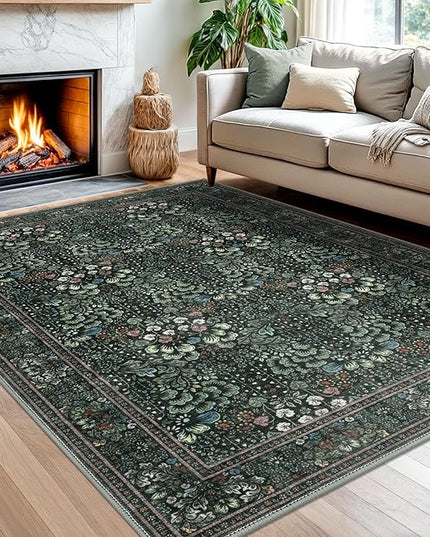 5x7 Area Rug for Bedroom, Dark Green Large Modern Floor Rug with Non-Slip, Non-Shedding Washable Area Rugs for Living Room, Soft Boho Carpet for Farmhouse Office Home Décor
